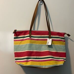 NWT Sonoma Multi Stripe Cotton Zip Faux Leather Tote